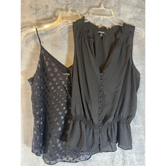 Express Womens Black Tank Top Bundle Sleeveless V-Neck Ruffle Sheer Layering - Picture 1 of 6